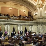 Senate Republican floor leader Joe Fain, R-Auburn, stands at right as he makes a point on the Senate floor Friday in Olympia. Fain was the only Republican present as senators debated whether to vote on the &ldquo;levy cliff&rdquo; bill, which would delay a reduction in the amount of money school districts can collect though property taxes. (Ted S. Warren/The Associated Press)
