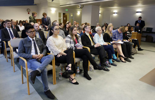 High school student journalists and other supporters sit in the front row of a Senate hearing at the Capitol on Thursday in Olympia. (Ted S. Warren/The Associated Press)