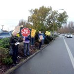 Protesters were a weekly occurrence outside Port Townsend&rsquo;s Wells Fargo and Chase banks in November, as shown in this file photo, and will return Saturday to protest the banks funding the Dakota Access Pipeline. (Cydney McFarland/Peninsula Daily News)