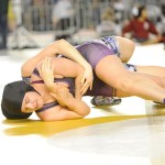 Michael Dashiell/Olympic Peninsula News Group                                Sequim&rsquo;s Alma Mendoza, bottom, won her 155-pound match with a third-period reversal to defeat Pasco&rsquo; Natalie Hall at Mat Classic, the state wrestling championships. Mendoza wrestled for the state title Saturday evening.