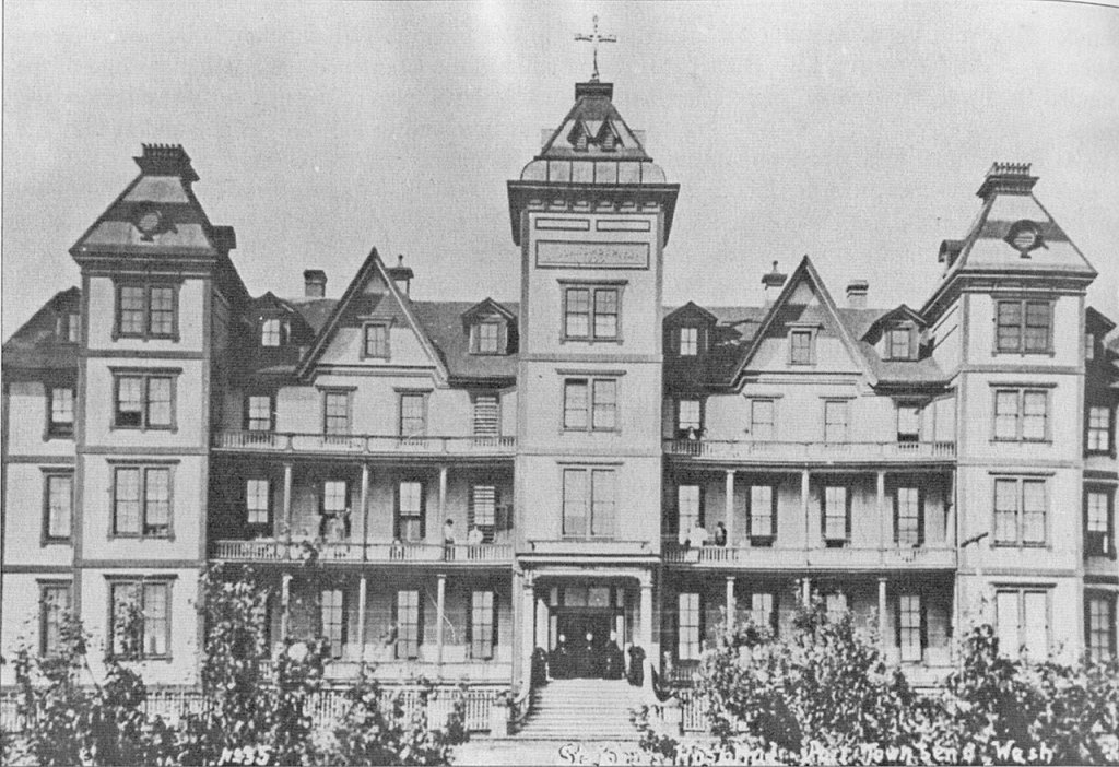 Jefferson County Historical Society                                The front façade of Saint John&rsquo;s Hospital in Port Townsend with the Sisters of Charity of Providence on the front steps.
