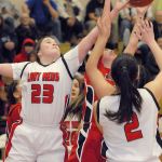 Keith Thorpe/Peninsula Daily News Neah Bay&rsquo;s Tristin Johnson, left, and Kayla Winck, right, compete for a rebound with Tulalip Heritage&rsquo;s Myrna Redleaf during the fourth quarter of Thursday night&rsquo;s playoff game at Port Angeles High School.                                Keith Thorpe/Peninsula Daily News Neah Bay&rsquo;s Tristin Johnson, left, and Kayla Winck, right, compete for a rebound with Tulalip Heritage&rsquo;s Myrna Redleaf during the fourth quarter of Thursday night&rsquo;s playoff game at Port Angeles High School.