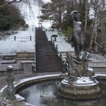 The Haller Fountain in Port Townsend was frozen and dusted in snow Monday morning after a storm on Sunday night. (Cydney McFarland/Peninsula Daily News)