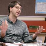 Port Townsend School Board chair Nathanael O&rsquo;Hara asks members of the school naming committee to explain their process of choosing the top five names for the new Grant Street Elementary School during a special public meeting Monday. (Cydney McFarland/Peninsula Daily News)