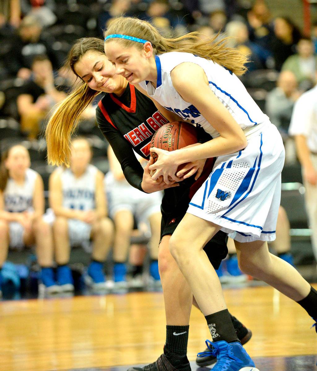 Al Camp/Omak-Okanogan County Chronicle                                Neah Bay&rsquo;s Cei&rsquo;J Gagnon fights for a loose ball with a Colton opponent during the Red Devils&rsquo; state 1B playoff loss Thursday. Neah Bay will play Tacoma Baptist Friday.