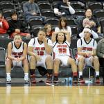 Al Camp/Omak Chronicle Neah Bay players from left, Gina McCaulley (white/black shoes), Brianne Jimmicum, Starlena Halttunen and Vonte Aguirre react in the latter moments of the Red Devils&rsquo; 60-57 loss to Tacoma Baptist in the Class 1B girls basketball state tournament Friday at Spokane Arena.