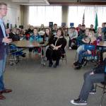 U.S. Rep. Derek Kilmer urges a library full of Port Angeles High School students Monday to get involved in contemporary issues if that&rsquo;s their passion. (Paul Gottlieb/Peninsula Daily News)
