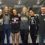 Peninsula College Athletics Peninsula College women&rsquo;s soccer players have signed to continue their playing careers at four-year colleges and universities. From left, Aubrey Barham, Heidi Vereide, Bri Vallente, Bailie Zuber, Hoku Afong and Pirates head coach Kanyon Anderson. Kennady Whitehead, not pictured, also signed with a four-year university.