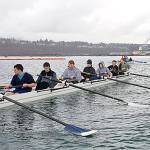 Olympic Peninsula Rowing Association Olympic Peninsula Rowing Association youth members practice on the waters of Port Angeles Harbor. The growing club seeks funds to purchase a more modern racing shell. Association members are, from left, Maria England, Aidan Feingold, Elliott Hill, Jake McGovern, Zachary Gavin, Adam Boyd, Ella Ventura and Lisa Callahan. Coxswain Victoria Kennedy is just out of frame.