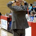 Rick Ross/Peninsula College                                Peninsula head coach Mitch Freeman puts his hands on his head during his team&rsquo;s season-ending 75-64 defeat at the NWAC men&rsquo;s basketball tournament on Friday at Everett Community College.