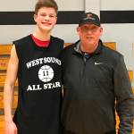 Port Townsend senior Berkley Hill, left, played in the West Sound Senior All-Star game Tuesday night at the Bremer Student Center at Olympic College. His basketball coach Tom Webster made the trip to take in the game, which also featured Port Angeles&rsquo; Grayson Peet, Luke Angevine and Noah McGoff. Port Angeles&rsquo; Nizhoni Wheeler also played in the girls&rsquo; All-Star game.