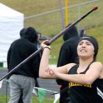 Keith Thorpe/Peninsula Daily News Mariah LaChester of Clallam Bay competes in girls javelin during Friday&rsquo;s Port Angeles Invitational meet at Port Angeles High School.