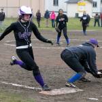 Steve Mullensky/for Peninsula Daily News                                Quilcene&rsquo;s Allison Jones legs out a base hit during the Rangers&rsquo; 11-1 win over La Conner on Friday.