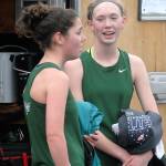 Keith Thorpe/Peninsula Daily News                                Port Angeles&rsquo; Lael Butler, left, and Gracie Long converse at the finish of the girls 3200m race on Thursday at Port Angeles High School. Long won the event with a time of 12:10.30 with Butler taking second at 13:10.45.
