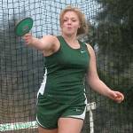 Keith Thorpe/Peninsula Daily News                                Alana Leffers of Port Angeles tosses the discus on her home field during Thursday&rsquo;s meet.