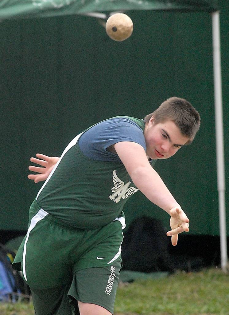 Keith Thorpe/Peninsula Daily News                                Thomas Allen of Port Angeles throws the shot during Thursday&rsquo;s meet at Port Angeles High School.