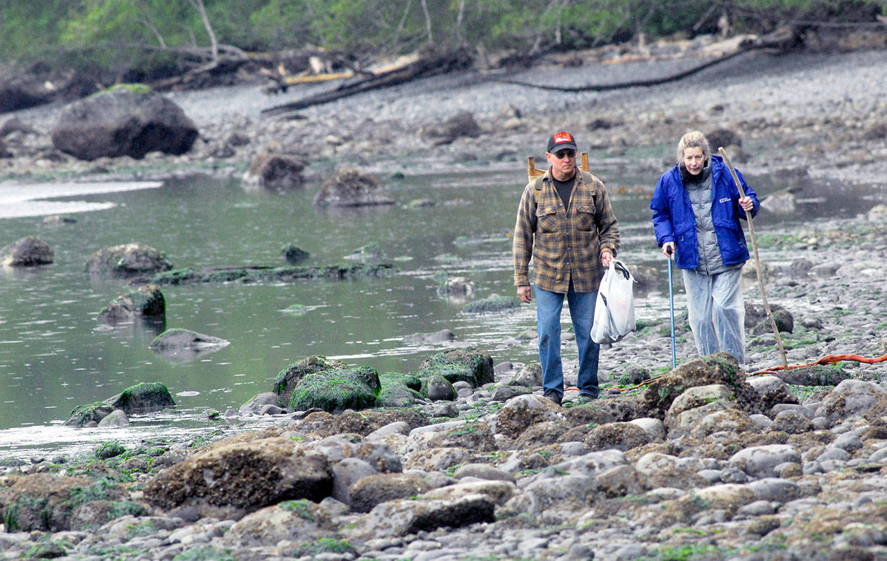 John French of Joyce, left, and Maurie Sprague of Port Angeles look for trash along the shore of Freshwater Bay west of Port Angeles as part of Washington CoastSavers&rsquo; annual Washington Coast Cleanup. Cleanup teams fan out on beaches along the Strait of Juan de Fuca and the Pacific Ocean down to the Columbia River to pick up litter and other coastal debris. (Keith Thorpe/Peninsula Daily News)