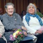 American Red Cross volunteers Jo Oliver, left, and Dianna Cross sit in commissioners meeting room at the Clallam County Courthouse in Port Angeles on Tuesday after being honored by the commission for their long-standing service with the disaster-relief agency. (Keith Thorpe/Peninsula Daily News)
