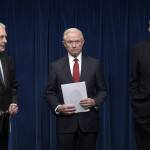 From left, Secretary of State Rex Tillerson, Attorney General Jeff Sessions and Homeland Security Secretary John Kelly arrive for a news conference at the U.S. Customs and Border Protection office Monday to make statements on issues related to visas and travel. (Susan Walsh/The Associated Press)