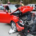 The driver of this Kia Soul, a 67-year-old Nordland man, was taken to Jefferson Healthcare hospital for evaluation Monday after officials say he struck a Dodge Durango on state Highway 19. (Bill Beezley/East Jefferson Fire-Rescue)