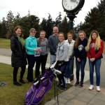 The Cedars at Dungeness Women&rsquo;s Golf Club donated proceeds from its annual Whine & Roses Golf Tournament to the Sequim High School Golf program. Women&rsquo;s Club Co-Captain Judy Reno, far left, is joined by Captain Lisa Ballanytne in presenting the donation to Sequim girls golfer Sarah Shea, head coach Gary Kettel and team members Christiana Hoesel, Samantha Smith, Brittney Gale and Angela Carillo-Burge.