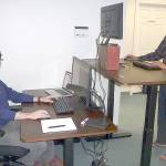 Patricia Morrison Coate/Olympic Peninsula News Group                                Edward Unthank, left, and Ankur Shah, right, display two different work station configurations at Clallam Coworking in Sequim.