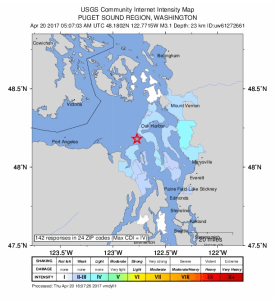 A map shows a 3.1-magnitude quake that took place about 10 p.m. Wednesday in Admiralty Bay between Port Townsend and Oak Harbor. (U.S. Geological Survey)