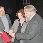 Dr. Stockmann, played by John Clark, presents his findings to Hovstad (Crystal Eisele) and Billing (Mark Valentine), newspaper editors who let their journalistic interest run unchecked in Key City Public Theatre&rsquo;s production of the Henrik Ibsen play &ldquo;An Enemy of the People.&rdquo; The play opened Thursday night and will remain on stage through April 22. (Key City Public Theatre).