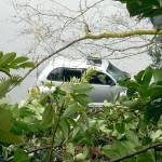 A PT Cruiser ended up in the water near Port Ludlow after crossing out of its lane Tuesday. (Port Ludlow Fire Rescue)