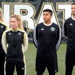 Peninsula College team captains for Saturday&rsquo;s Rumble in the Rainforest soccer exhibition are from left, Bailie Zuber, Ellie Small, Salvador Vargas and Jason Ramos. The Pirate men and women will play two hour-long games during the spring soccer celebration at Wally Sigmar Field.