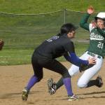 Keith Thorpe/Peninsula Daily News                                Port Angeles&rsquo; Erin Edwards, right, slides into second ahead of the throw to Sequim&rsquo;s Bobbi Sparks, center, as teammate Lydia Stidham backs up the play in the second inning on Wednesday at the Dry Creek Athletic Complex in Port Angeles.