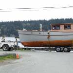 The 36-foot Sea Beast, a motor sailor designed and built at the Northwest School of Wooden Boatbuilding with the help of students and local businesses, will hit the water for the first time Friday when it is lowered in the Boat Haven Marina. (Northwest School of Wooden Boatbuilding)