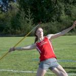 Steve Mullensky/for Peninsula Daily News Port Townsend Redhawks, Sira Wines, is set to launch the javelin during a track meet against Neah Bay, Coupeville and North Mason on Friday at Blue Heron Middle School in Port Townsend.