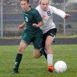 Keith Thorpe/Peninsula Daily News                                Port Angeles&rsquo; Andrew St. George, left, and Sequim&rsquo;s Liam Harris battle for control in Friday night&rsquo;s match at Sequim High School.