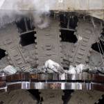 Debris sits atop bracing that had been holding a 5-foot concrete wall as the cutter heads of a massive tunneling machine are fully visible as it completes boring for the state Highway 99 route under Seattle. (Elaine Thompson/The Associated Press)