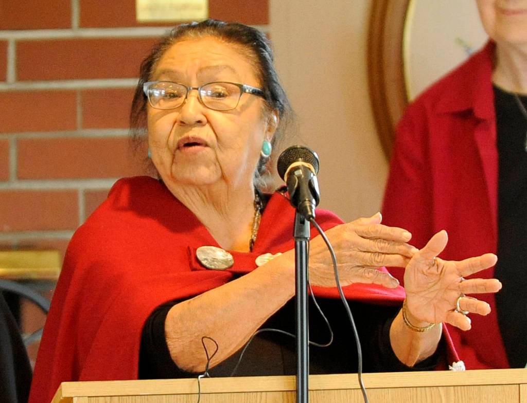Viola Penn Riebe speaks to a crowd at Pioneer Memorial Park on April 8. (Michael Dashiell/Olympic Peninsula News Group)
