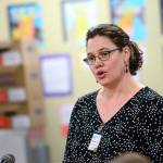 North Olympic Heatlhcare Network Chief Medical Officer Dr. Katrina Weller talks about the proposed health center at Port Angeles High School during a Port Angeles School District board meeting Thursday. (Jesse Major/Peninsula Daily News)