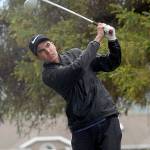 Keith Thorpe/Peninsula Daily News Blake Wiker of Sequim tees off on the 10th hole during Wednesday&rsquo;s Olympic League Championship tournament at The Cedars at Dungeness golf course near Sequim.