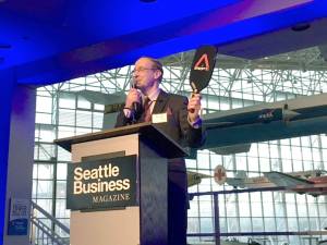 Chief Operations Officer Dave Walter shows off the Composite Recycling Technology Center&rsquo;s first product, the Aero Paddle-brand Swift pickleball paddle, at the Washington Manufacturing Awards event, held at the Seattle Museum of Flight on April 26.