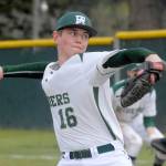 Keith Thorpe/Peninsula Daily News Port Angeles&rsquo; Ethan Flodstrom pitches in a game against North Mason on March 31 at Volunteer Field. Strong pitching performances, many from underclassmen like Flodstrom, have the Roughriders focused on a repeat trip to state.