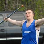 Keith Thorpe/Peninsula Daily News                                Crescent&rsquo;s Neil Peppard throws the javelin on Friday on his home track in Joyce.