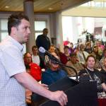 Chad Westenhaver, chair of the Port Angeles Oxford House chapter, asks how the city can help Oxford House, which provides housing for recovering addicts, expand in Port Angeles. (Jesse Major/Peninsula Daily News)