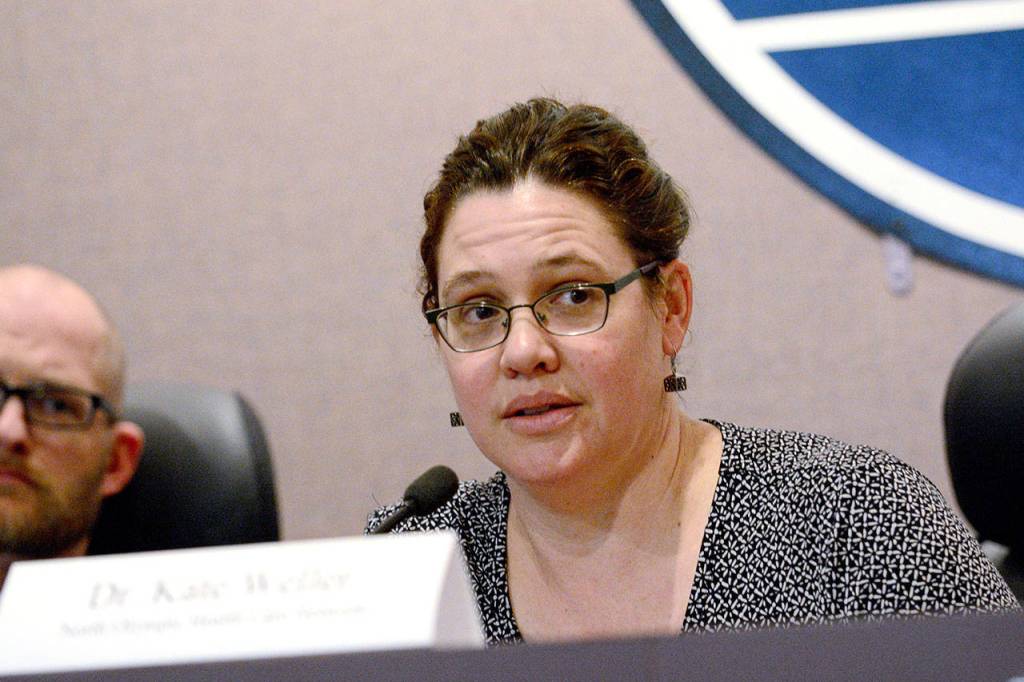 Dr. Katrina Weller, chief medical officer at the North Olympic Healthcare Network, answers a question during a Port Angeles town hall meeting about opioid abuse Tuesday. (Jesse Major/Peninsula Daily News)