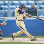 Jeff Halstead/For Peninsula Daily News                                Sequim&rsquo;s James Grubb swings at a pitch during a district playoff game against Steilacoom High School at Kitsap County Fairgrounds. Sequim won 6-5.