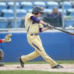 Jeff Halstead/for Peninsula Daily News                                Sequim&rsquo;s James Grubb swings at a pitch during a district playoff game against Steilacoom High School at Kitsap County Fairgrounds. Sequim won 6-5.