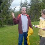 Ron and Barbara Carr, residents of the O&rsquo;Brien Meadows development in the Little Oklahoma area near the foothills southeast of Port Angeles, discuss ownership and land-use changes to open space areas surrounding their home. (Keith Thorpe/Peninsula Daily News)