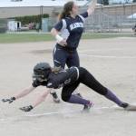 Lonnie Archibald/for Peninsula Daily News Sequim&rsquo;s Maddison Nute dives back to third base to beat a throw to River Ridge third baseman Ahtumn Tomkins during Sequim&rsquo;s 7-0 win Friday.                                Lonnie Archibald/for Peninsula Daily News Sequim&rsquo;s Adrienne Haggerty is called out on a slide at third base against Olympic Saturday. The Wolves won the game 9-1 to qualify for the State 2A softball tournament. Haggerty hit a solo home run in the win.