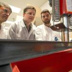 Testing the I-beam earlier this month are, from left, Keith Lesnick, Andrew Martyanov, and Scott Ohman. Not pictured is team member Dustin Henning.