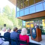 Peninsula College President Luke Robins welcomes visitors during the grand opening of the college&rsquo;s Allied Health and Early Childhood Education Building on Monday. (Jesse Major/Peninsula Daily News)