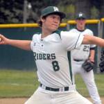 Keith Thorpe/Peninsula Daily News Port Angeles&rsquo; Dane Bradow pitches against Chimacum on April 14 at Volunteer Field. In the background is teammate Brody Merritt.